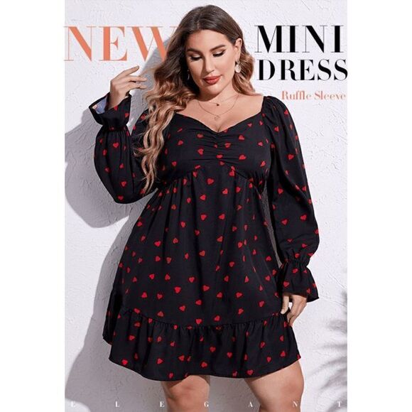 ❤ Plus Size Valentine’s Day Long Sleeve Heart Print Black Dress NWT - Picture 2 of 16
